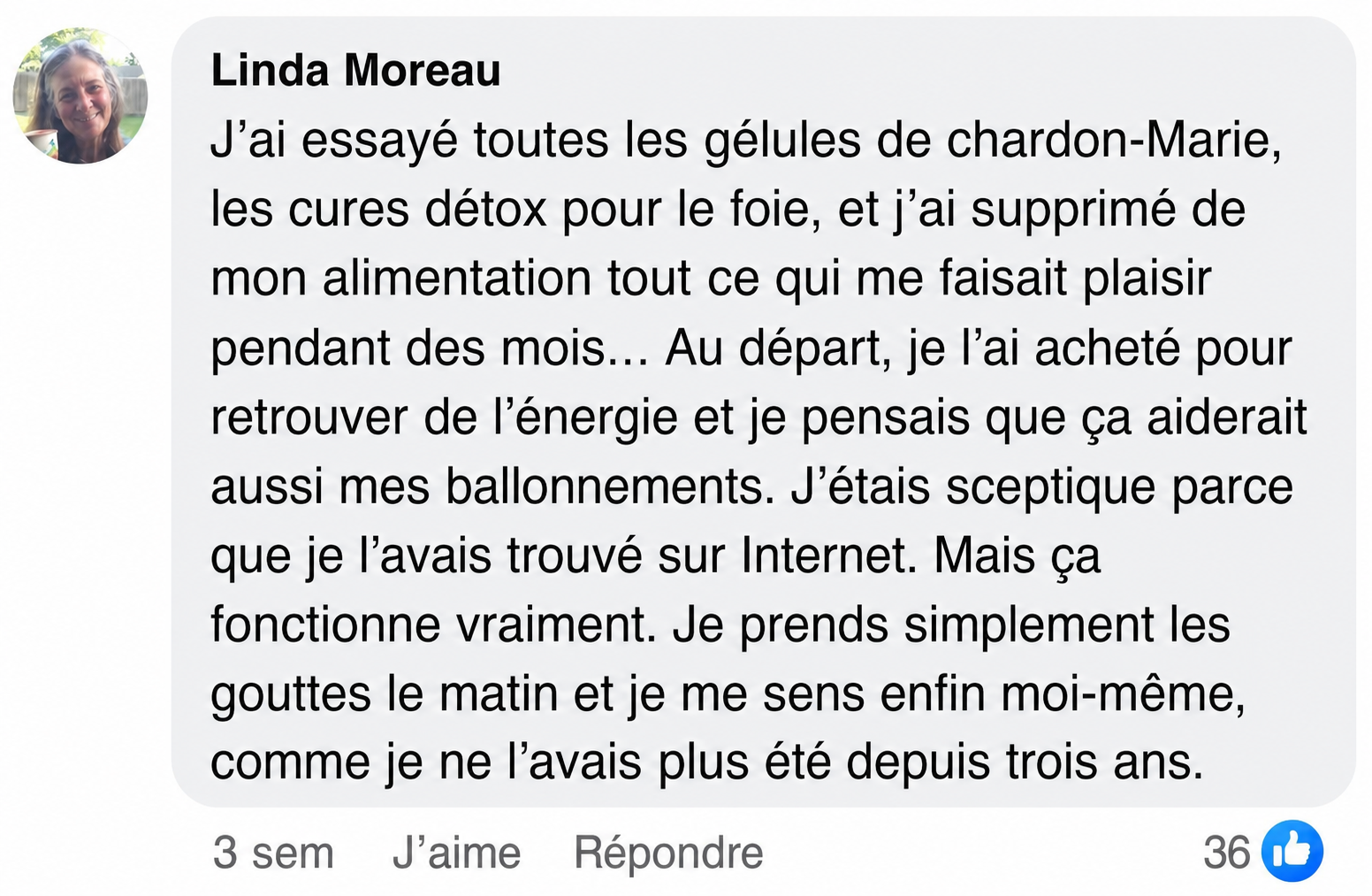 Commentaire Facebook sur le soutien du foie avec Loryne Liver Reset