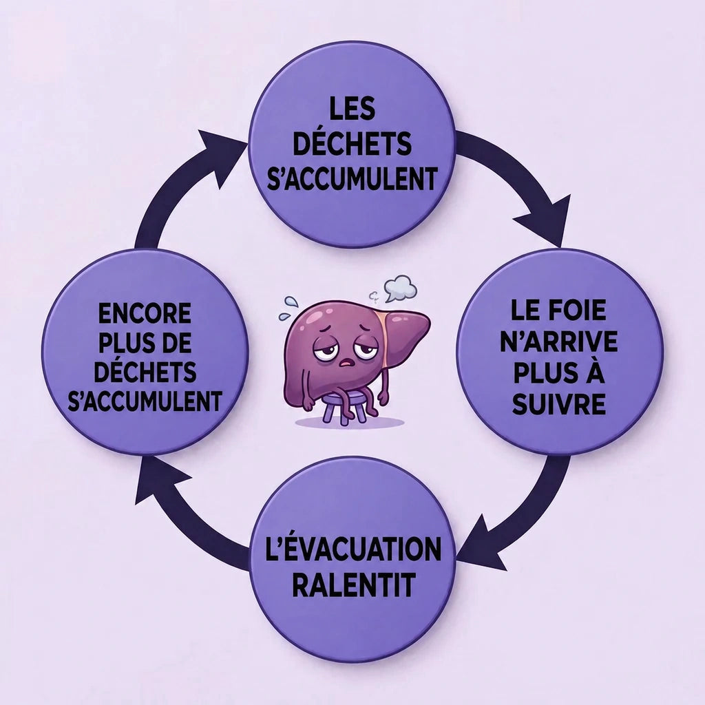 Diagramme du cycle&nbsp;: cellules endommagées → bile ralentie → accumulation de déchets → plus de dommages cellulaires