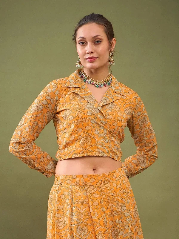 Women Yellow Floral Front Knot Crop Shirt