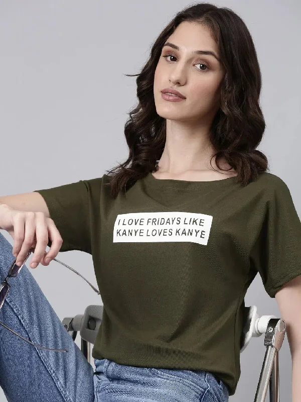 Women Olive Typographic Slim Fit Tshirt-AE-516-Olive