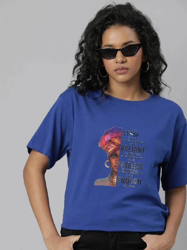 Women Blue Typography T Shirt-AE-564-Blue