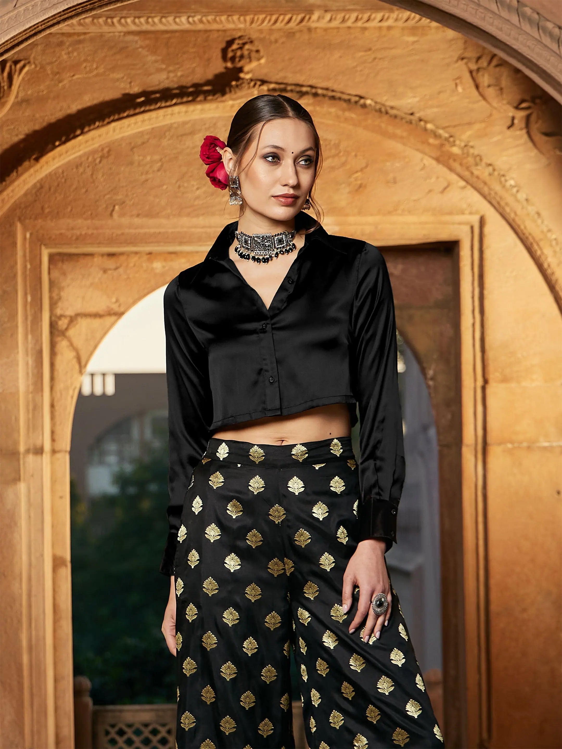 Women Black Satin Crop Shirt