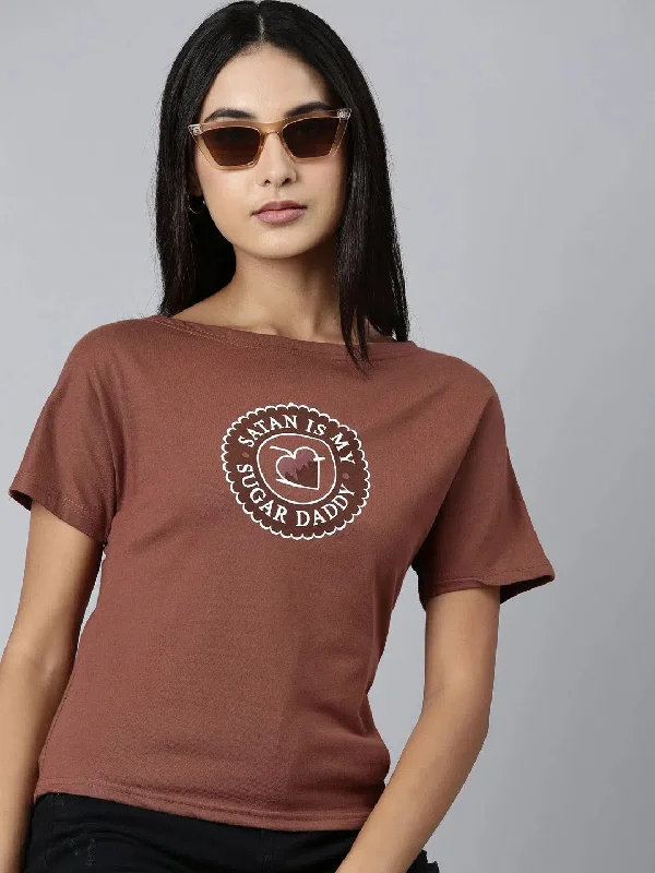 Women Brown Typographic Slim Fit Tshirt-AE-549-Brown