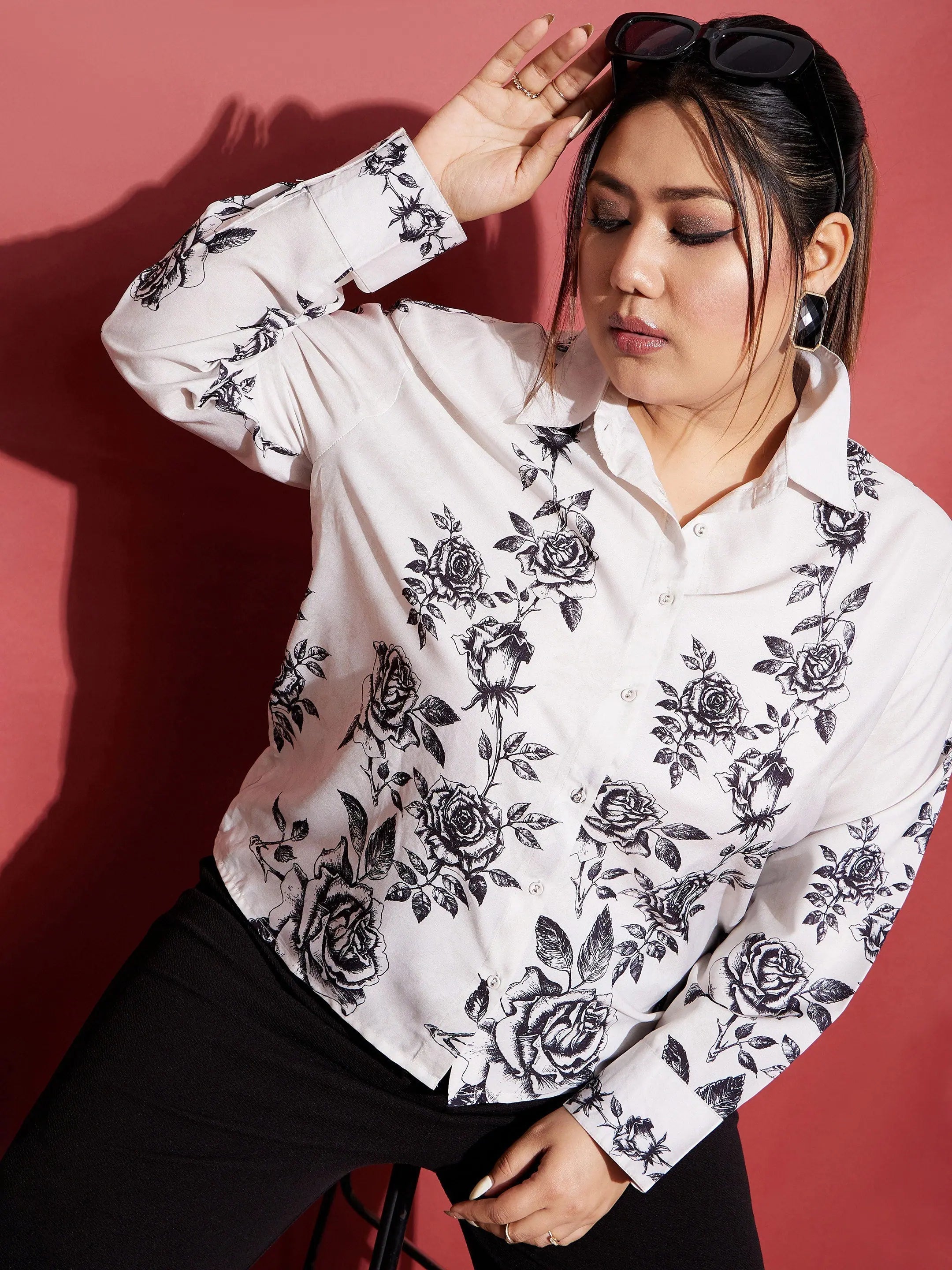 Women White Floral Back Cut Shirt