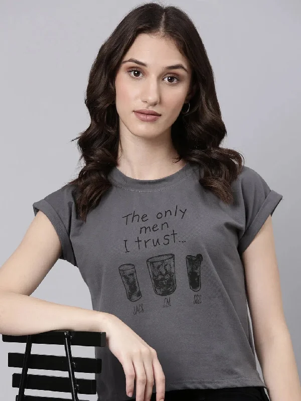 Women Grey Typographic Slim Fit Tshirt-AE-551-Grey