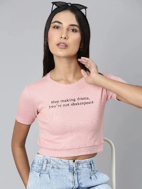 Women Peach Typographic Crop Slim Fit Tshirt-AE-548-Peach