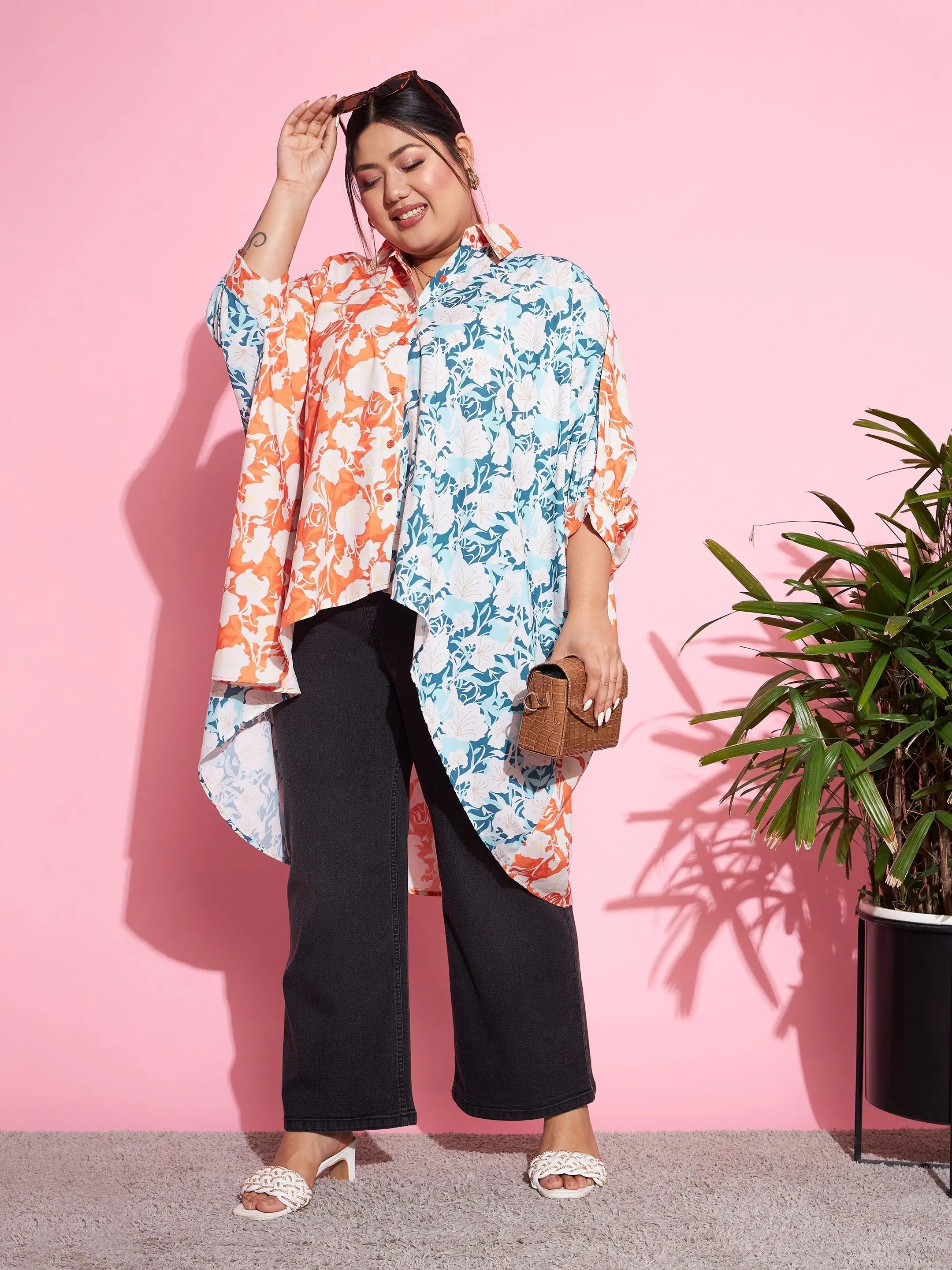 Women Orange & Blue Floral ColourBlock Oversized Shirt