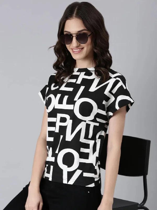 Women Black Typographic Boxy Tshirt-AE-538-Black