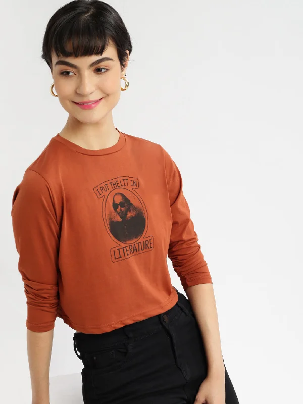 Women Round Neck Brown Printed T Shirt-AE-533-Brown