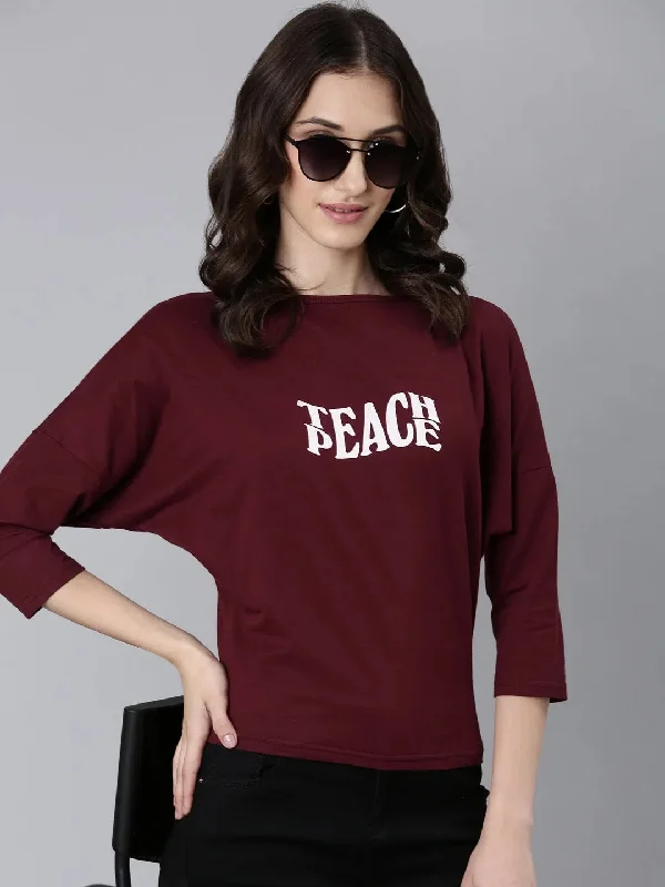 Women Maroon Typographic Slim Fit Tshirt-AE-546-Maroon