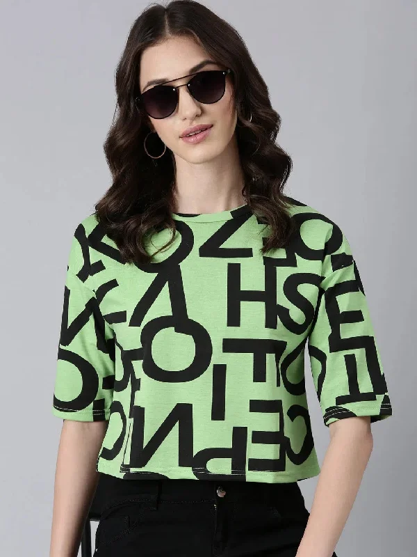 Women Green Typographic Crop Boxy Tshirt-AE-543-Green