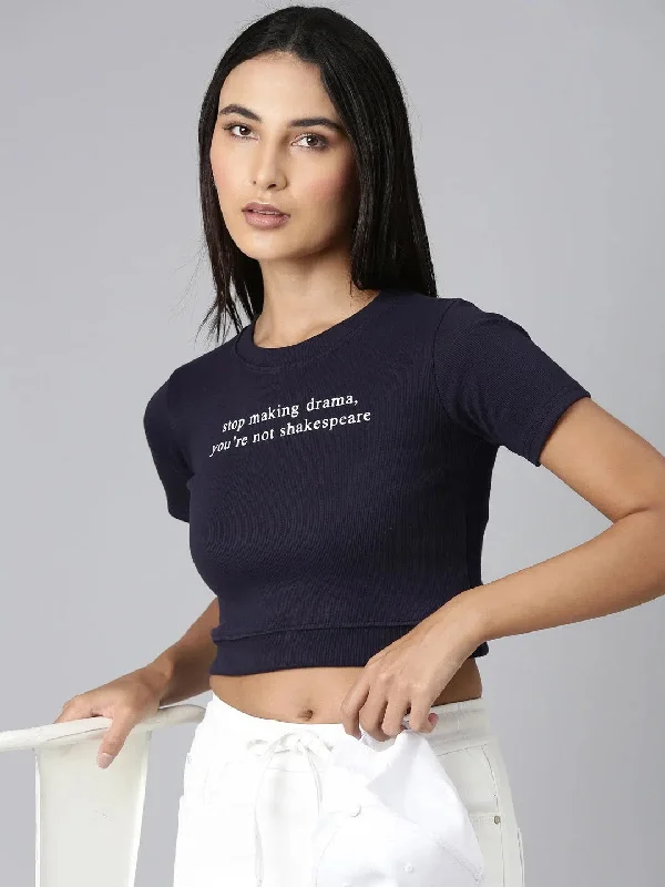 Women Navy Blue Typographic Crop Slim Fit Tshirt-AE-548-Navyblue