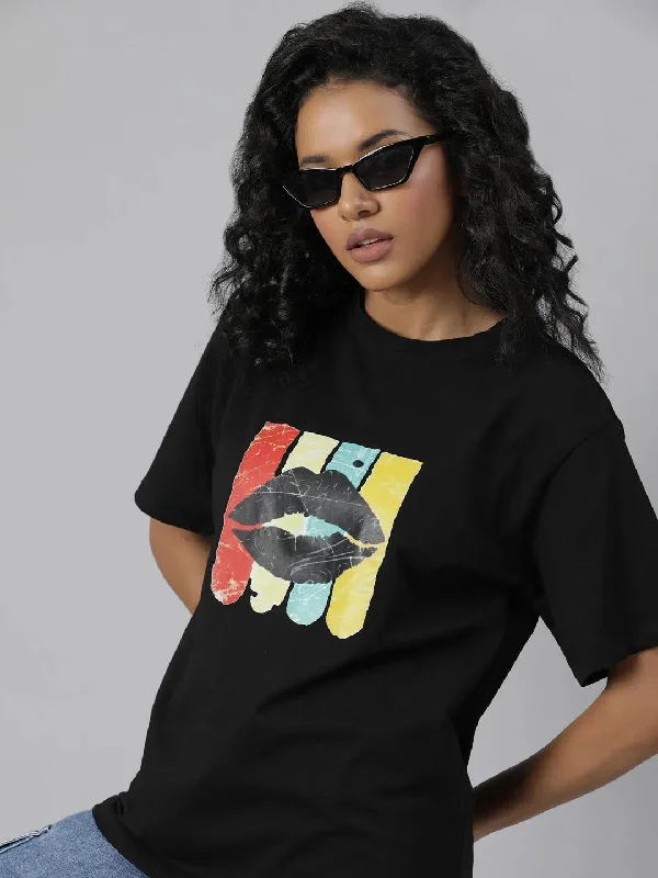 Women Black Graphic T Shirt-AE-562-Black