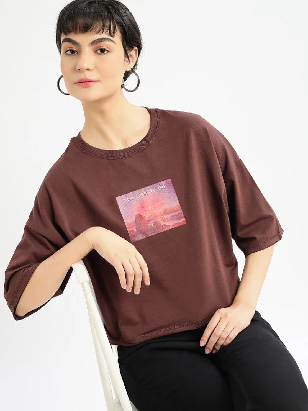 Women Graphic Brown Boxy Crop T shirt-AF-2200-Brown