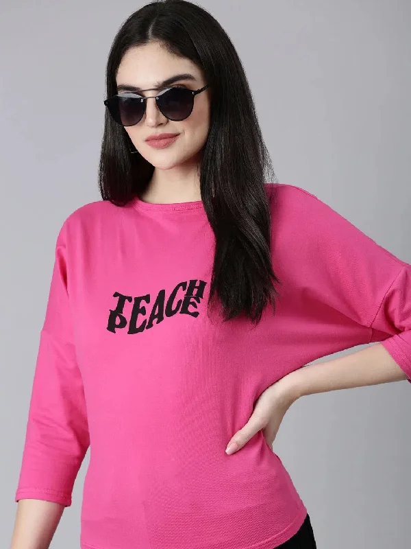 Women Pink Typographic Slim Fit Tshirt-AE-546-Pink