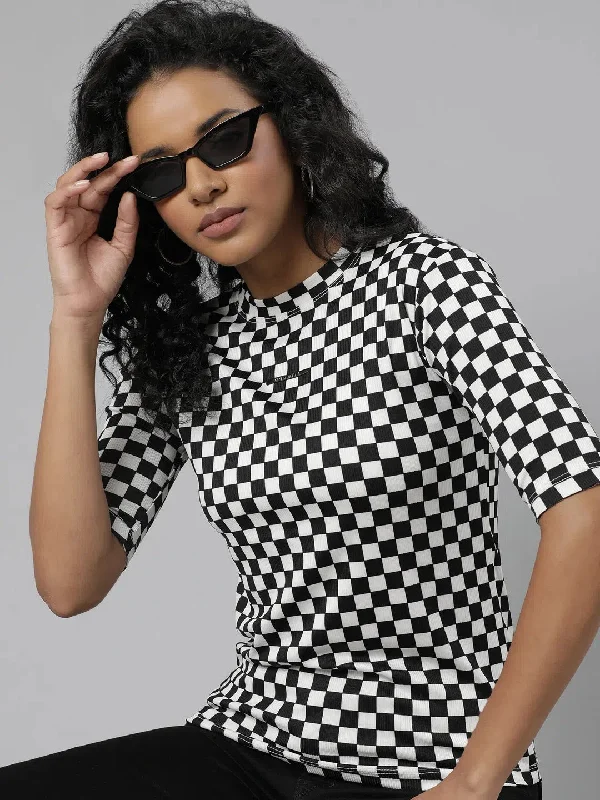 Women Black Checked T Shirt-AF-2012-Black