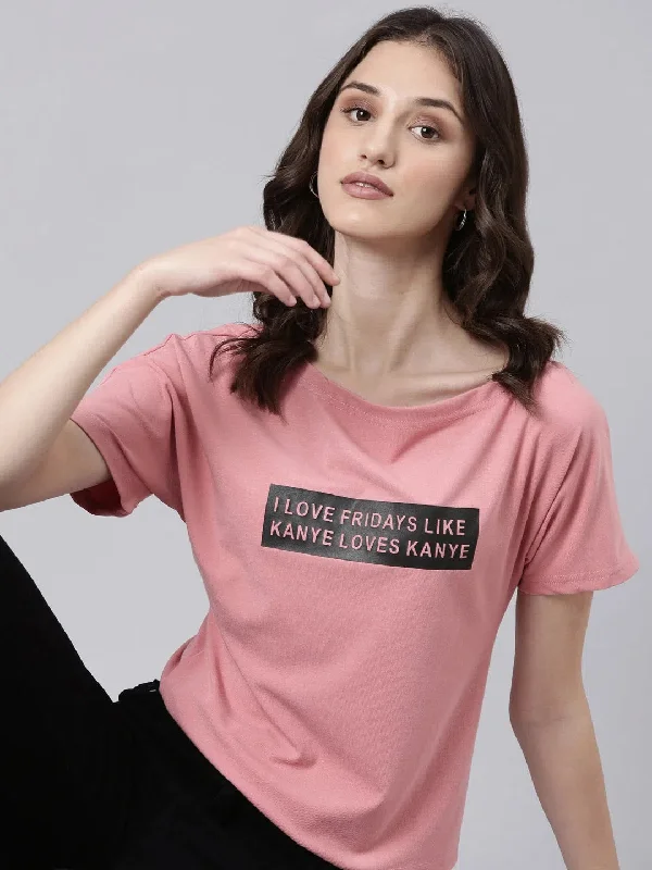 Women Peach Typographic Slim Fit Tshirt-AE-516-Peach