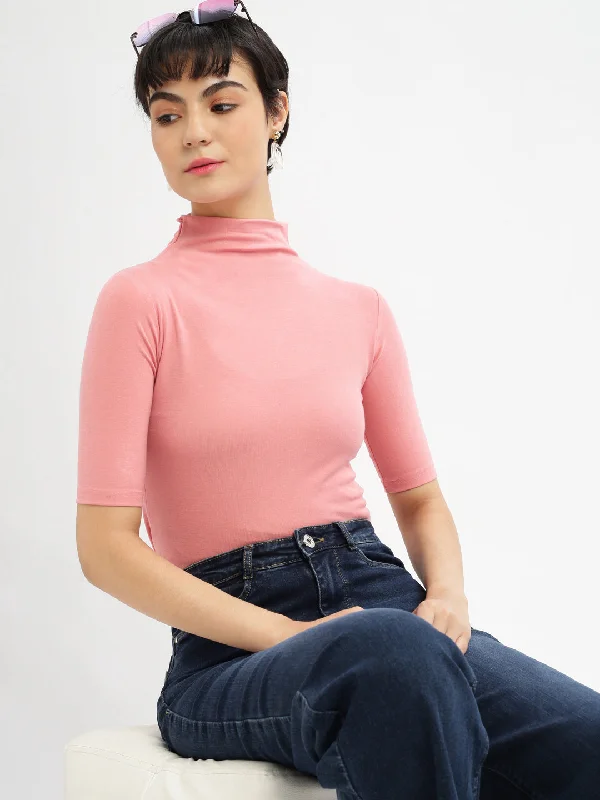 Women High Neck Peach Solid T Shirt-AE-510-Peach