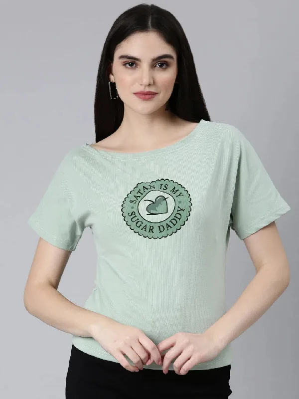 Women Sea Green Typographic Slim Fit Tshirt-AE-549-Seagreen