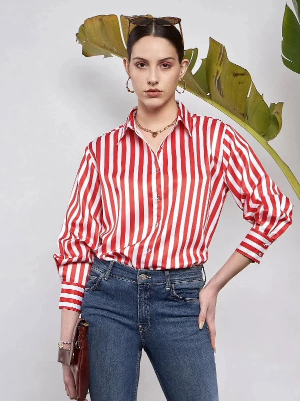 Women Red & White Satin Striped Shirt