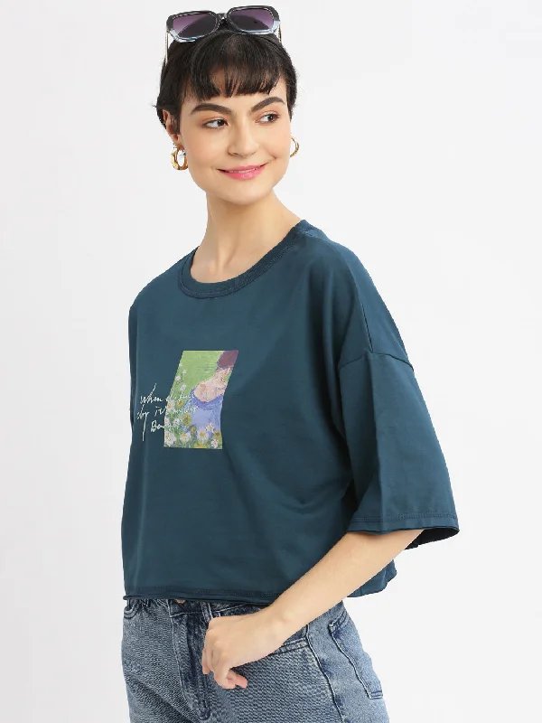 Women Graphic Teal Boxy Crop T shirt-AF-2231-Teal