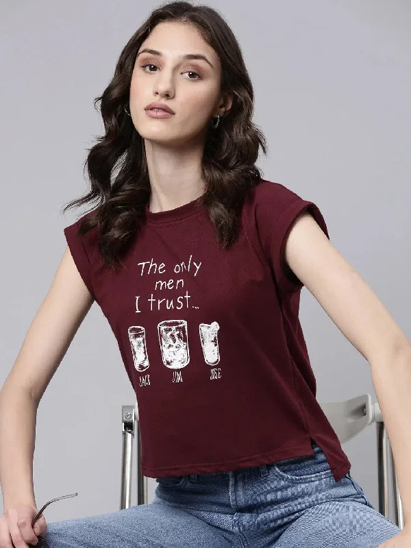 Women Maroon Typographic Slim Fit Tshirt-AE-551-Maroon