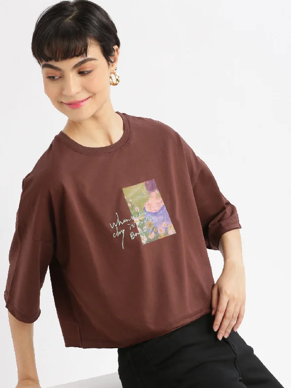 Women Graphic Brown Boxy Crop T shirt-AF-2231-Brown