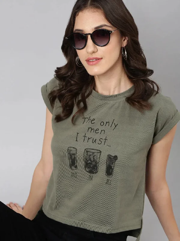 Women Olive Typographic Slim Fit Tshirt-AE-551-Olive