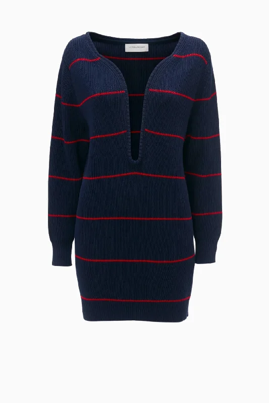 Victoria Beckham Frame Detail Jumper Dress - Navy/ Red