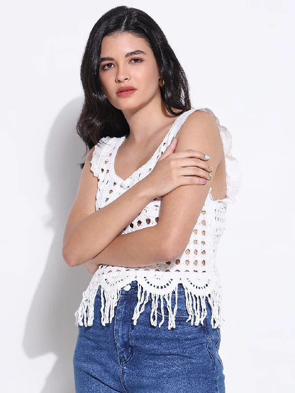 Women White Solid Crop Crochet Top