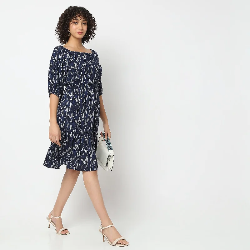 Abstract Print Knee Length Flare Fit Dress