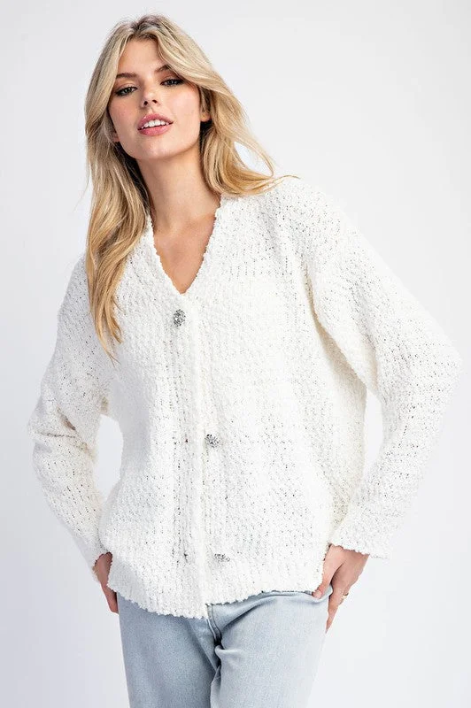 Hillary Long Sleeve Accent Button Down Cardigan White