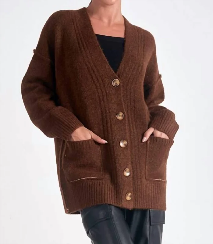 Oversized V-Neck Cardigan In Dark Tan