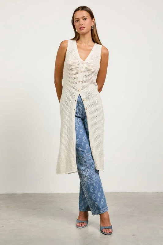 Mae Sleeveless Knit Button Down Long Cardigan White