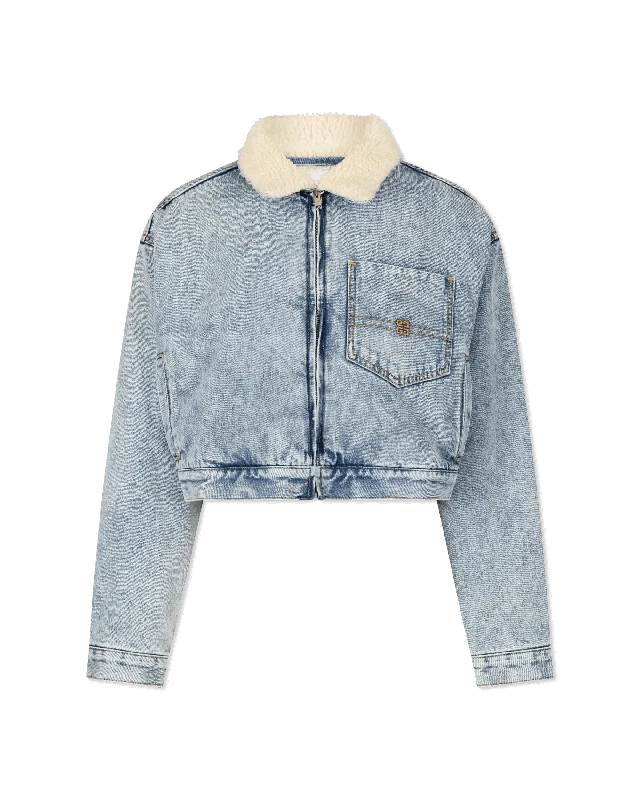 Bi Material Shearling Collar Cropped Denim Jacket