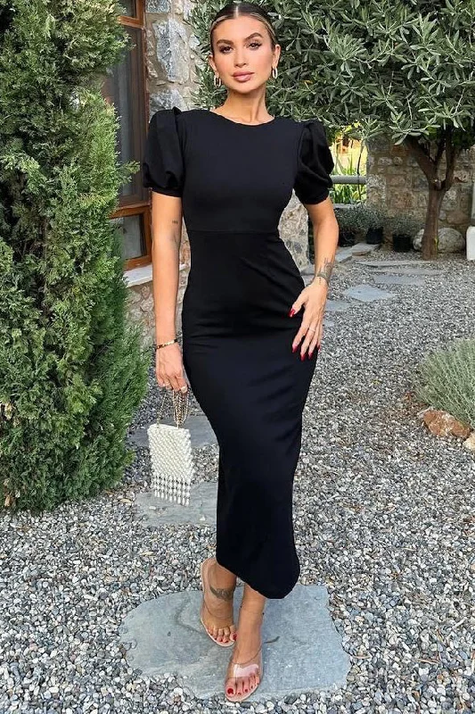 Gabrielle Black Puff Sleeve Midi Dress