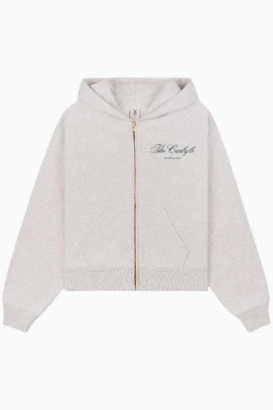 Sporty & Rich The Carlyle Script Cropped Zip Hoodie - Heather Grey/ Forest