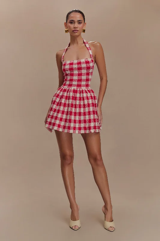 Lindsay Halter Knit Mini Dress - Red Gingham