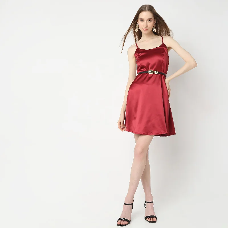 Flare Fit Shoulder Strap Satin Party Dress