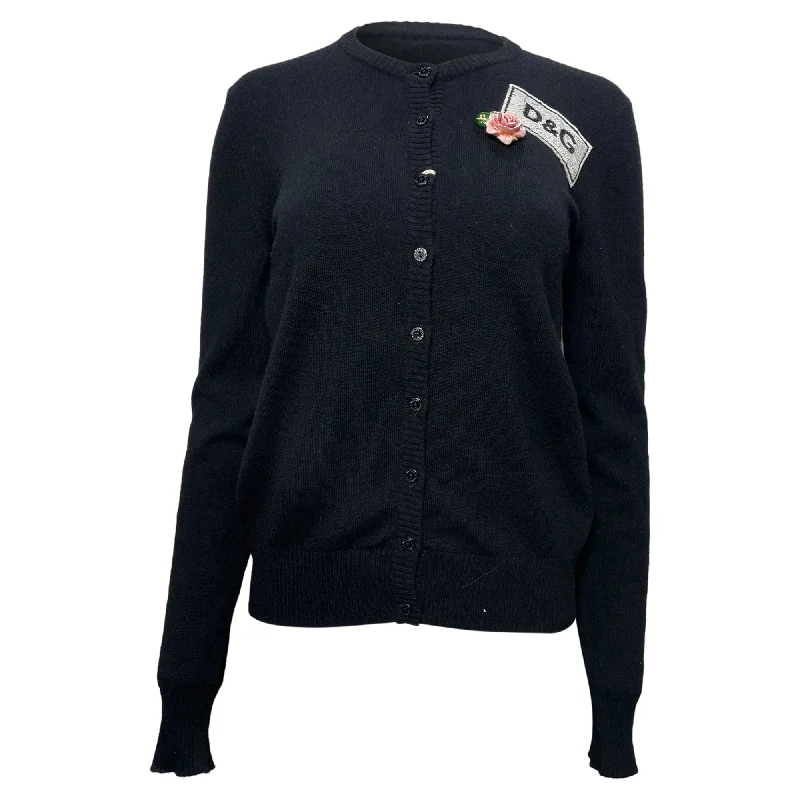 Dolce & Gabbana Logo with Flower Brooch Cardigan in Black Wool