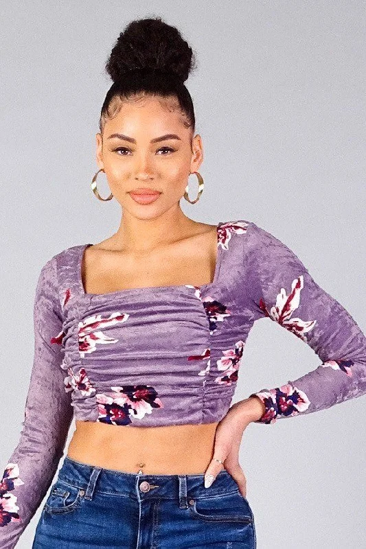 Ruched Velvet Floral Back Tie Crop Top