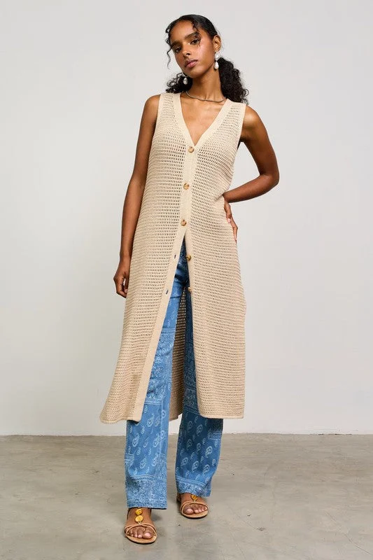 Mae Sleeveless Knit Button Down Long Cardigan Taupe