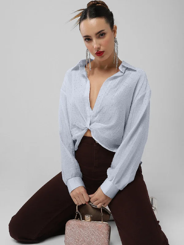 Women Blue Solid Shirt Style Crop Top