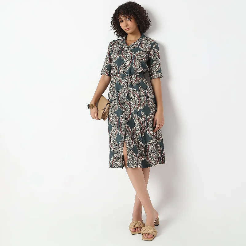 Flare Fit Foliage Print Camp Collar Dress