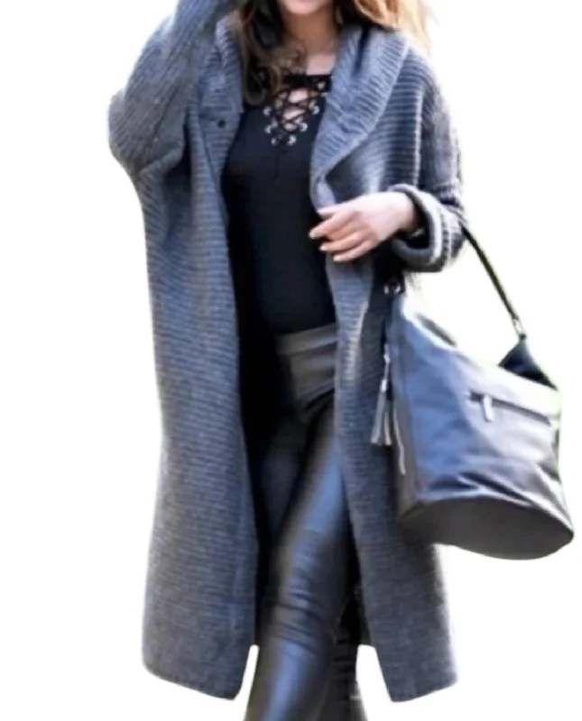 Button Hooded Solid Color Sweater Coat Cardigan In Gray