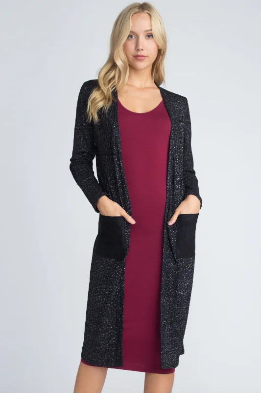 City Girl Faux Suede Patch Lurex Knit Duster Cardigan