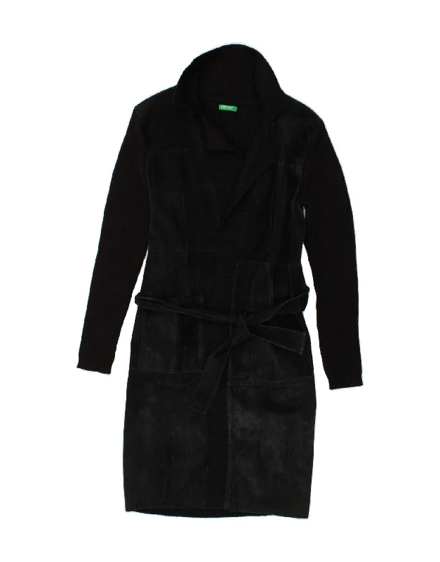 BENETTON Womens Belted Leather Coat UK 10 Small Black Patchwork Leather