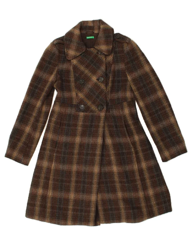 BENETTON Womens Double Breasted Coat UK 10 Small Brown Striped