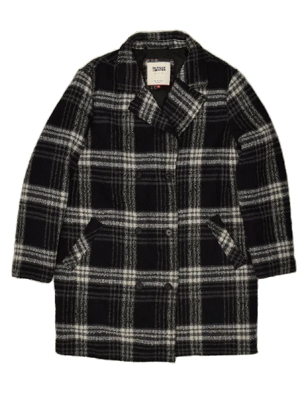 TOMMY HILFIGER Womens Double Breasted Coat UK 18 XL Black Plaid Polyester