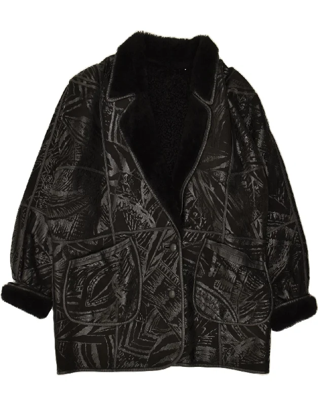 VINTAGE Womens Abstract Pattern Shearling Coat UK 20 2XL Black Shearling